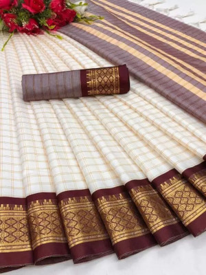 KanjiQueen Checkered Jamdani Silk Blend, Cotton Blend Saree(White, Maroon)