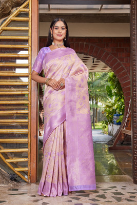 INDIAN BEAUTIFUL Woven Banarasi Cotton Silk Saree(Beige, Purple)