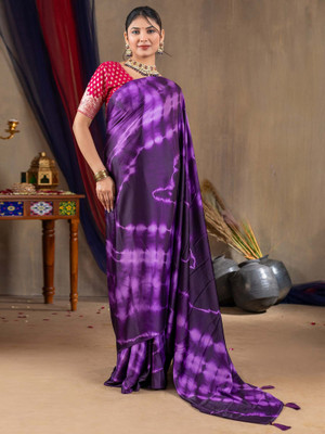 Tasrika Printed Hand Batik Satin Saree(Purple)
