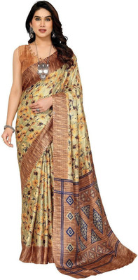 ROOP SUNDARI SAREES Floral Print Daily Wear Silk Blend Saree(Brown)