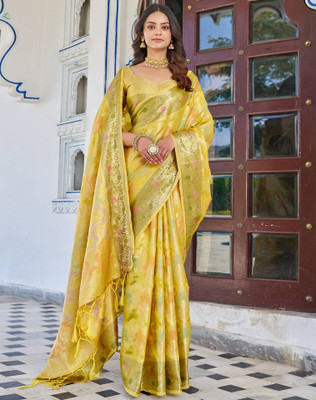 Tasrika Woven, Embellished Banarasi Jacquard, Silk Blend Saree(Multicolor, Yellow)