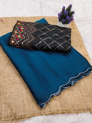 VivaElle Embroidered, Solid/Plain Bollywood Chiffon Saree(Blue)