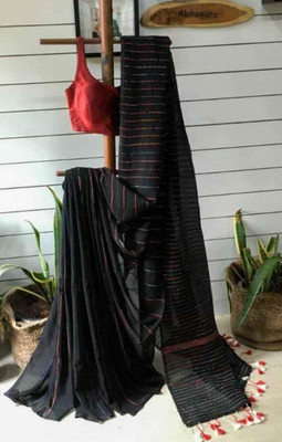 TutunDebnath Striped Handloom Cotton Blend Saree(Black)