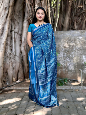 DAZLIO Printed Kalamkari Georgette Saree(Blue)