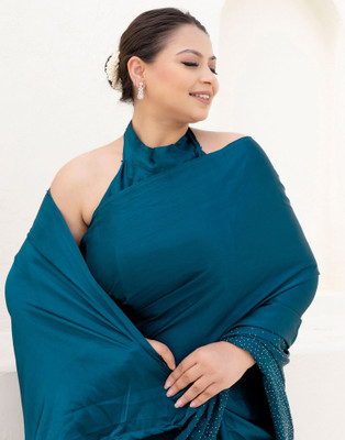 Satrani Solid/Plain, Embellished Bollywood Satin Saree(Blue)