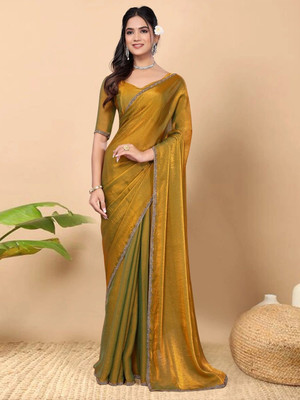Julee Solid/Plain Bollywood Chiffon Saree(Gold)