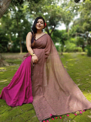 Maa kali saree center Printed Bollywood Cotton Blend Saree(Brown)