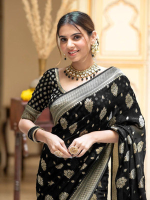 KM CREATION Digital Print Banarasi Art Silk Saree(Black)