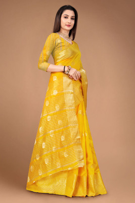 SIYADECORE Woven, Solid/Plain Kanjivaram Cotton Silk, Art Silk Saree(Yellow)
