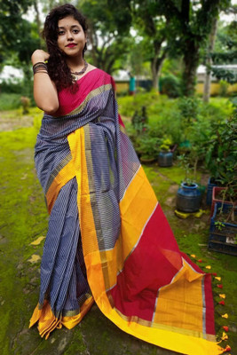 ANU INDIAN FASHION Striped, Solid/Plain Handloom Cotton Blend Saree(Multicolor)