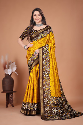 HouseOfCommon Floral Print Banarasi Cotton Silk Saree(Mustard)