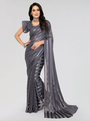 Moda Rapido Striped Daily Wear Satin Saree(Grey)