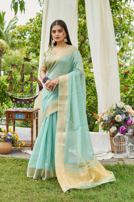 all about you Woven Bollywood Linen Saree(Light Blue)