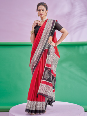 Tasrika Printed Hand Batik Cotton Linen Saree(Red)