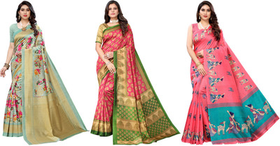 ANIRAV Printed Mysore Art Silk Saree(Pack of 3, Light Green, Pink)