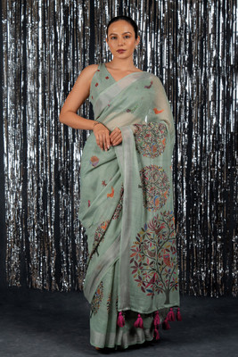 MIRCHI FASHION Printed Daily Wear Cotton Blend Saree(Light Green, Multicolor)