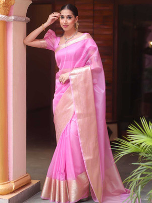 PeachPetals Solid/Plain Bollywood Organza Saree(Pink)