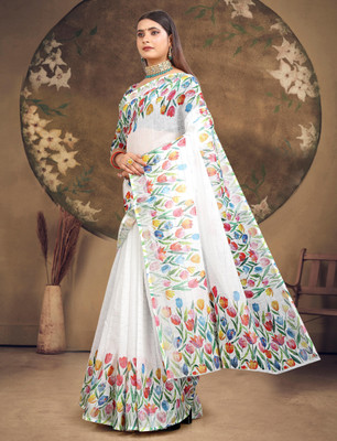PRTRENDZ Digital Print Kanjivaram Pure Cotton, Cotton Linen Saree(White)