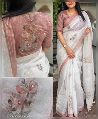 Millstar Floral Print Kantha Cotton Linen Saree(Orange)