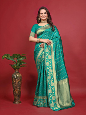 Omsaiarts Woven Kasavu Silk Blend Saree(Light Green)