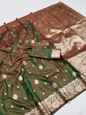 VISVASTA Printed Banarasi Jacquard, Silk Blend Saree(Dark Green)