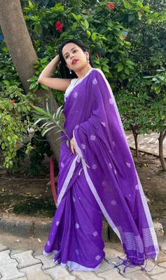 Puspa Fashion Self Design Handloom Cotton Blend Saree(Purple)