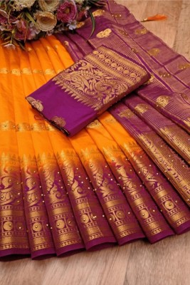 Banaras silk palace Embellished, Woven, Dyed Banarasi Silk Blend Saree(Orange)