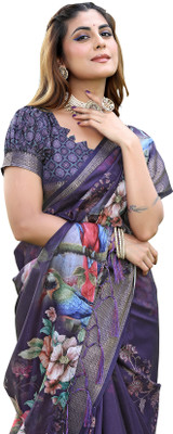 Priyashi Printed, Floral Print Mysore Cotton Silk Saree(Purple)