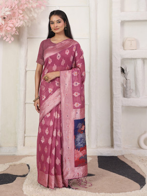 Tasrika Printed, Woven Patola Cotton Linen Saree(Pink)