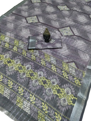 HouseOfCommon Printed Kanjivaram Linen, Cotton Linen Saree(Grey)