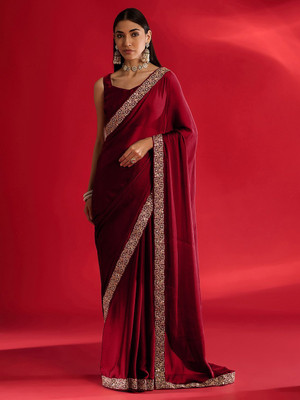 Paramparik Textile Embroidered Bollywood Satin Saree(Red)