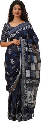 Clothonus Printed Ikkat Cotton Linen Saree(Blue)