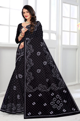 Amira sarees Floral Print, Printed Bandhani Pure Cotton Saree(Black)