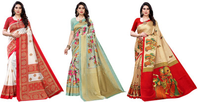 Nirvaan Printed Bollywood Art Silk Saree(Pack of 3, Red, Light Green, Beige)