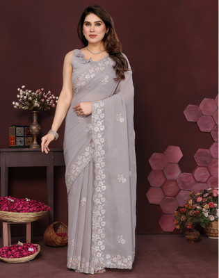Satrani Embellished, Embroidered Bollywood Georgette Saree(Grey)