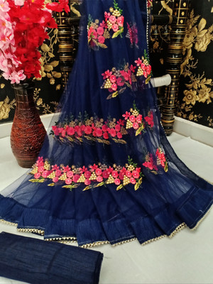 PATLANI STYLE Embroidered Bollywood Net Saree(Blue)