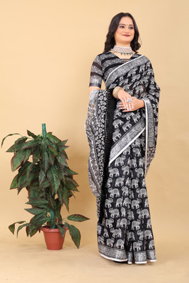srcretion Printed Bollywood Net Saree(Black)