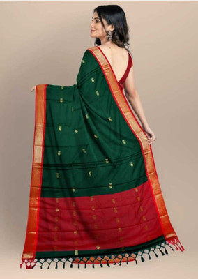 malegaon Self Design Bollywood Cotton Silk Saree(Dark Green, Red)