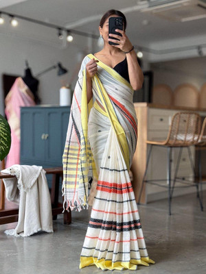 JHILUU Woven Handloom Pure Cotton Saree(White)