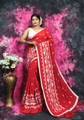 GOURISAREE Printed Tant Cotton Blend Saree(Red)