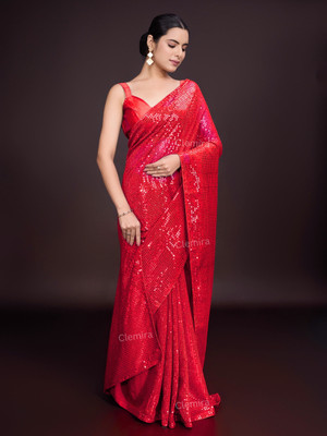 Clemira Embellished Bollywood Georgette Saree(Red)