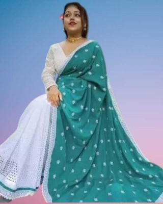 Woven fashion Embroidered Bollywood Cotton Blend Saree(Green)