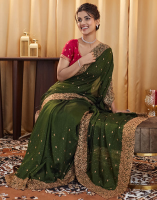 Samah Embroidered, Embellished Bollywood Silk Blend Saree(Green)