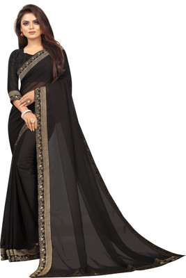 mandani Solid/Plain Bollywood Georgette, Chiffon Saree(Black)