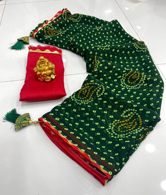georgette Printed Bandhani Georgette Saree(Pack of 2, Dark Green)