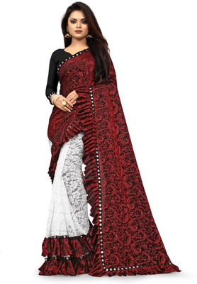 24x7 & Co. Dyed, Embellished, Applique, Woven, Embroidered, Solid/Plain, Striped Bollywood Georgette, Chiffon Saree(Red)