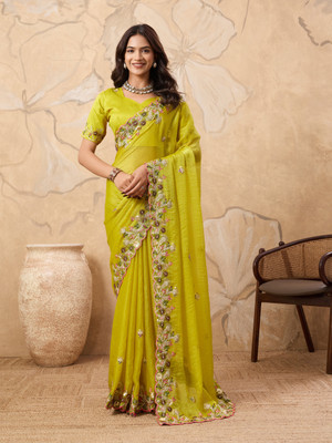 SARETRA MALL Embroidered, Floral Print Bollywood Chiffon Saree(Yellow)