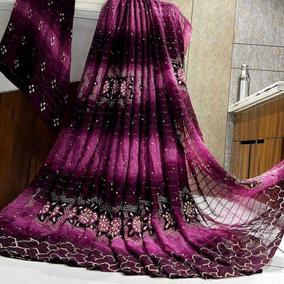 Hensi sarees shop Printed, Striped Bandhani Chiffon, Art Silk Saree(Purple)