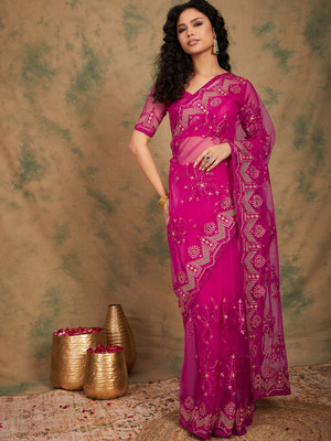 manvaa Embroidered Bollywood Net Saree(Pink)