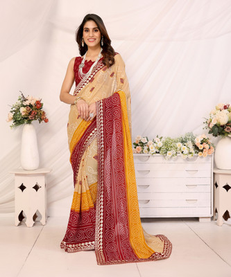 YASHIKA Printed Bandhani Georgette, Lace Saree(Maroon)